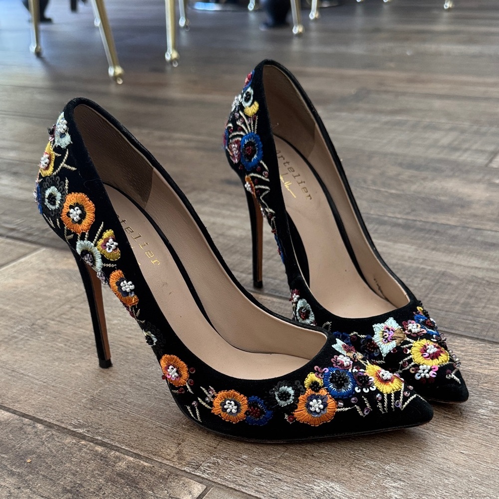 Nicole Miller Black Heels with Colorful Floral Embroidery